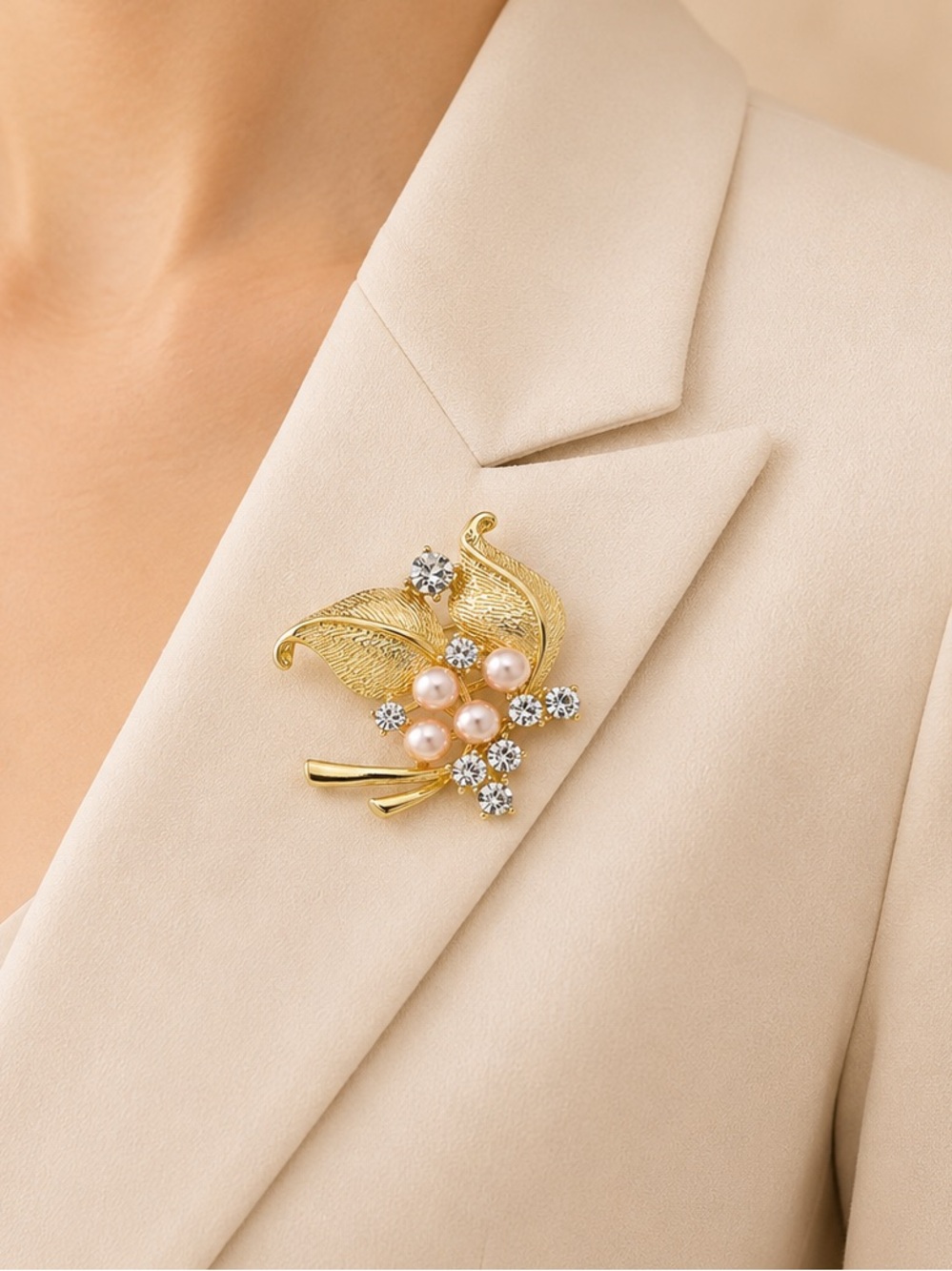 Vintage Gold Leaf Brooch Pink Pearls Crystals Brooch